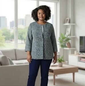 Talbots Long Woven Tweed Jacket Blazer Collarless Italian Fabric Blue Size 14W